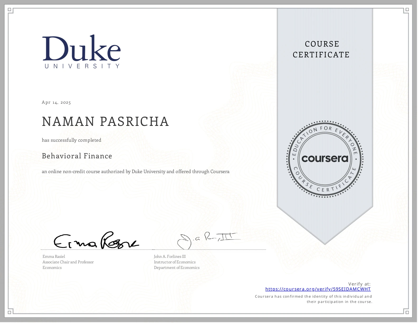 Duke University Behavioural Finance certificate