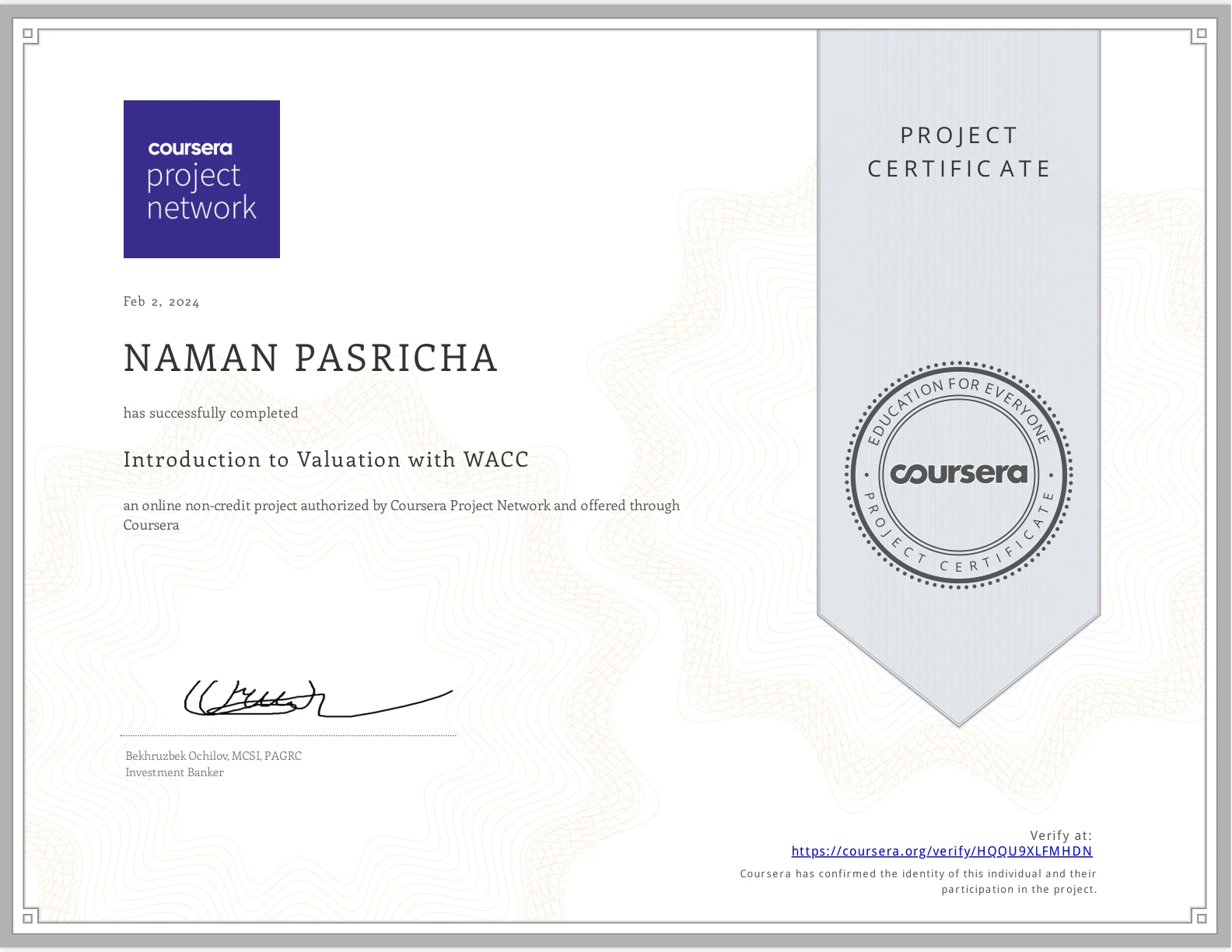 University of Melbourne Cost of Capital certificate
