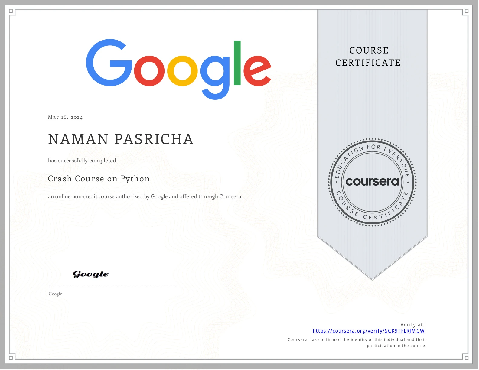 Google Crash Course on Python certificate