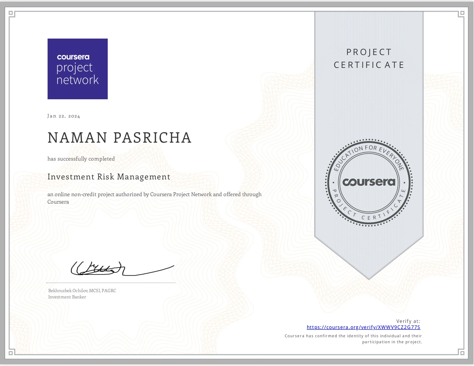 Rice University Investment Portfolio Management certificate