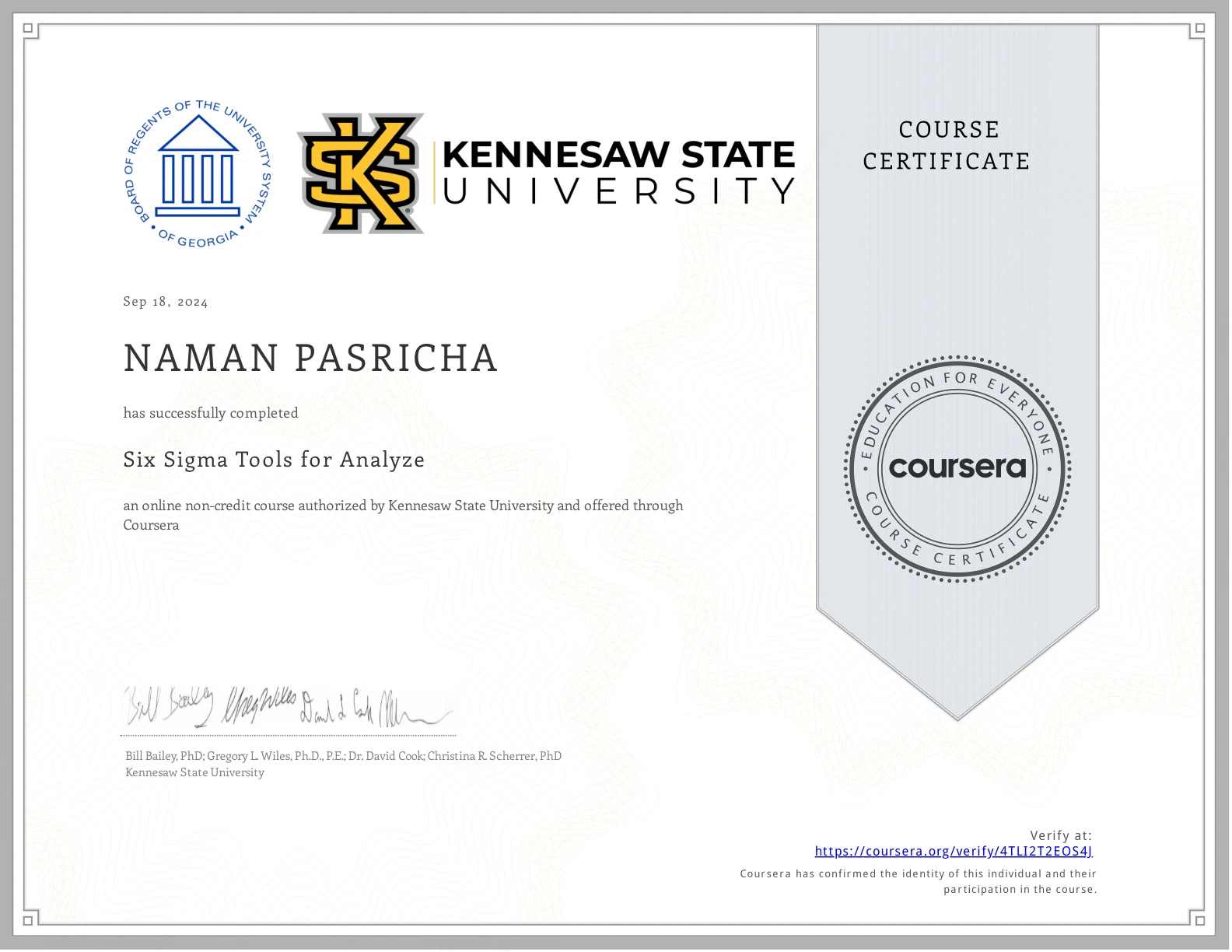 Six Sigma Yellow Belt certificate