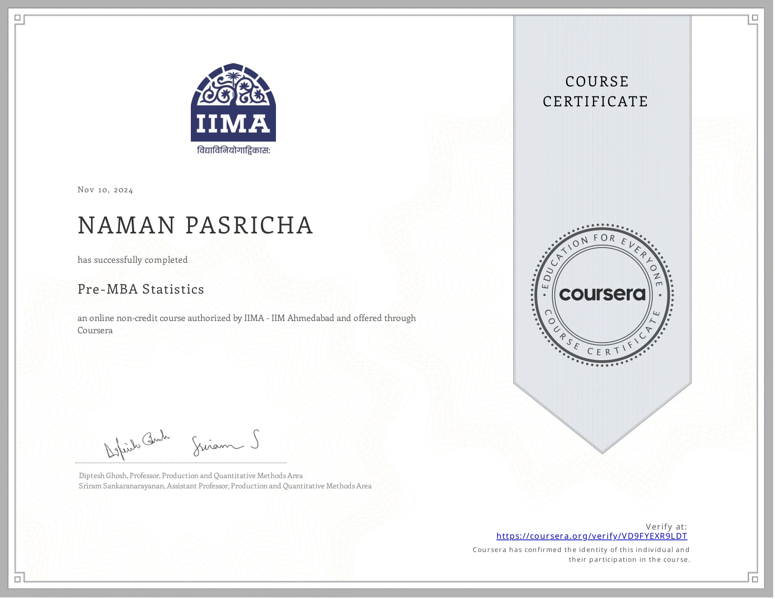IIM Ahmedabad Statistics for Business certificate