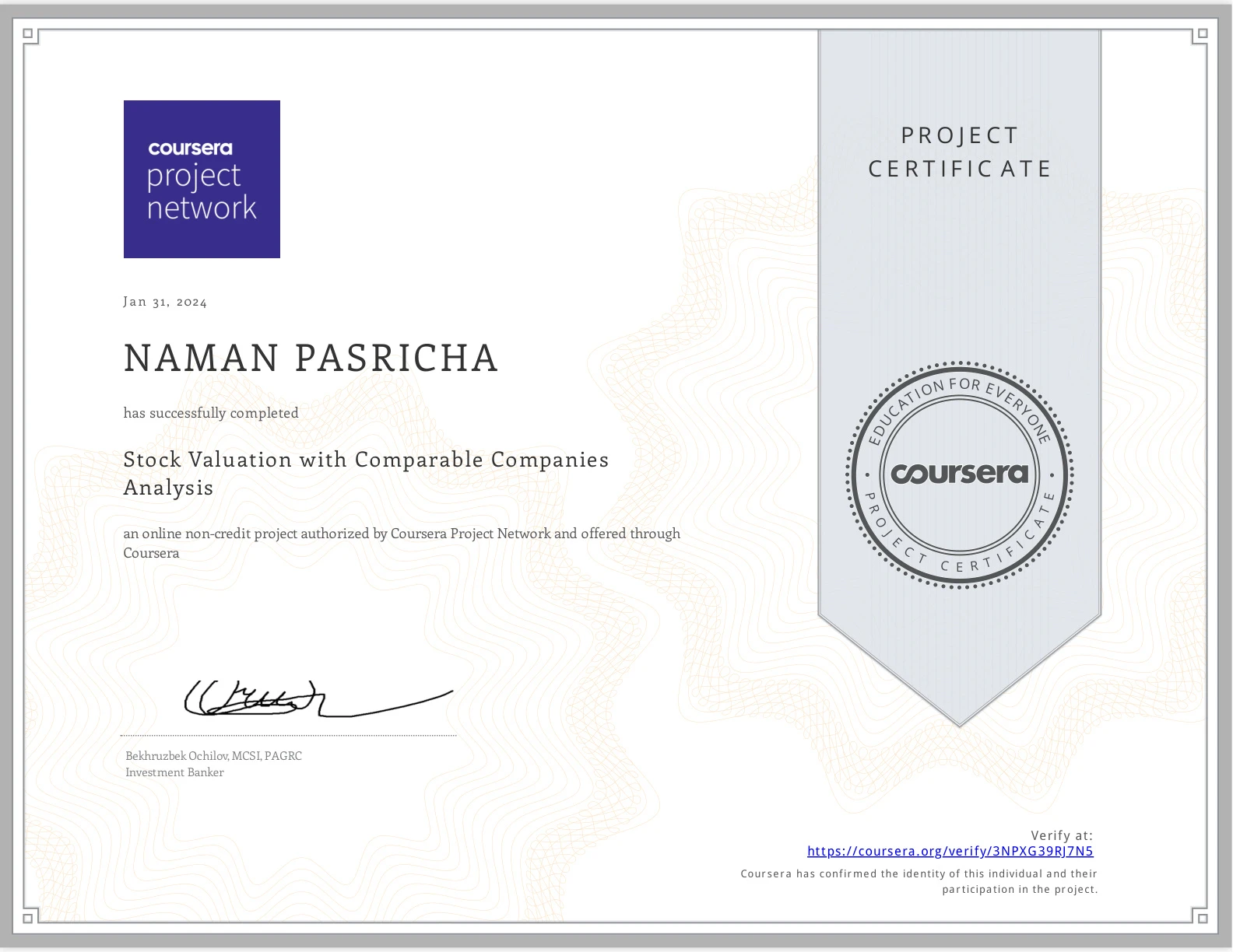 University of Melbourne Stock Valuation certificate